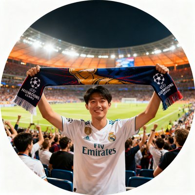 欧冠专区活跃用户阿杰的圆形头像，阳光年轻的男性球迷在球场看台上举着围巾